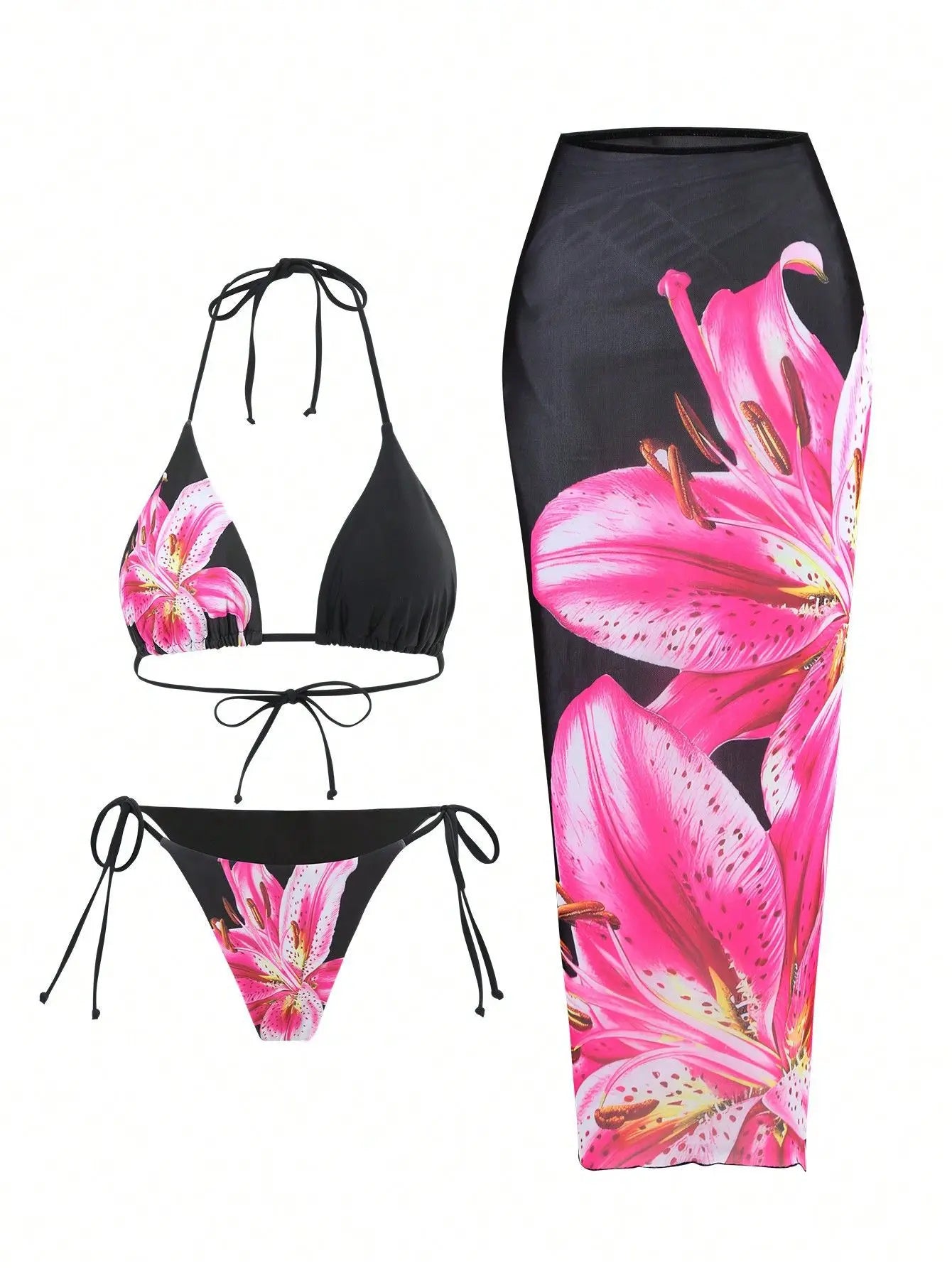 2025 New Flower Print Bikini Set Women's High Waist Long Skirt 3 Piece Swimsuit Sexy Mini Triangle Backless Thong Bathing Suit