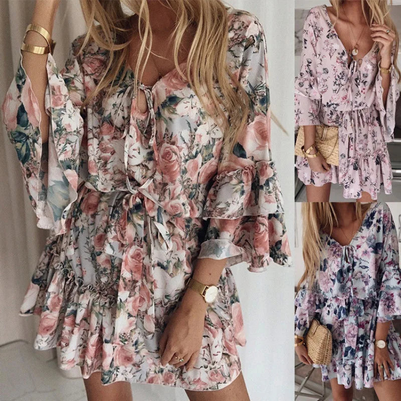Summer Printed Dress V-neck Flare Sleeve Lace Up Mid Waist Ruffled Short Dress Temperament Office Dresses For Women 2023