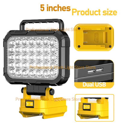 Cordless LED Work Light for DeWalt 20V Battery, 60W 6000LM Jobsite Flood Lights, Portable Outdoor Flashlight Dual USB Charging