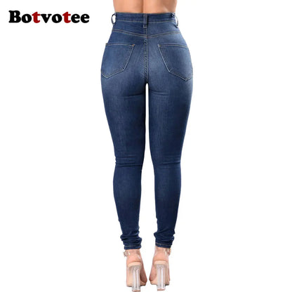 Botvotee Ripped Skinny High Waisted Pencil Jeans for Women Casual Y2K Streetwear Denim Pants Dark Blue Elastic Jeans Woman