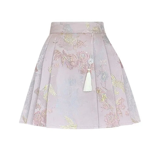 New Chinese Style Jacquard Embroidered Pleated Skirt for Women 2025SS High Waist Slim Anti-exposure A-line Girl Short Half Dress