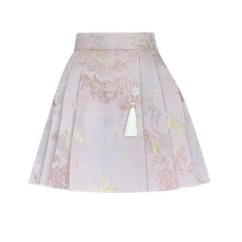 New Chinese Style Jacquard Embroidered Pleated Skirt for Women 2025SS High Waist Slim Anti-exposure A-line Girl Short Half Dress