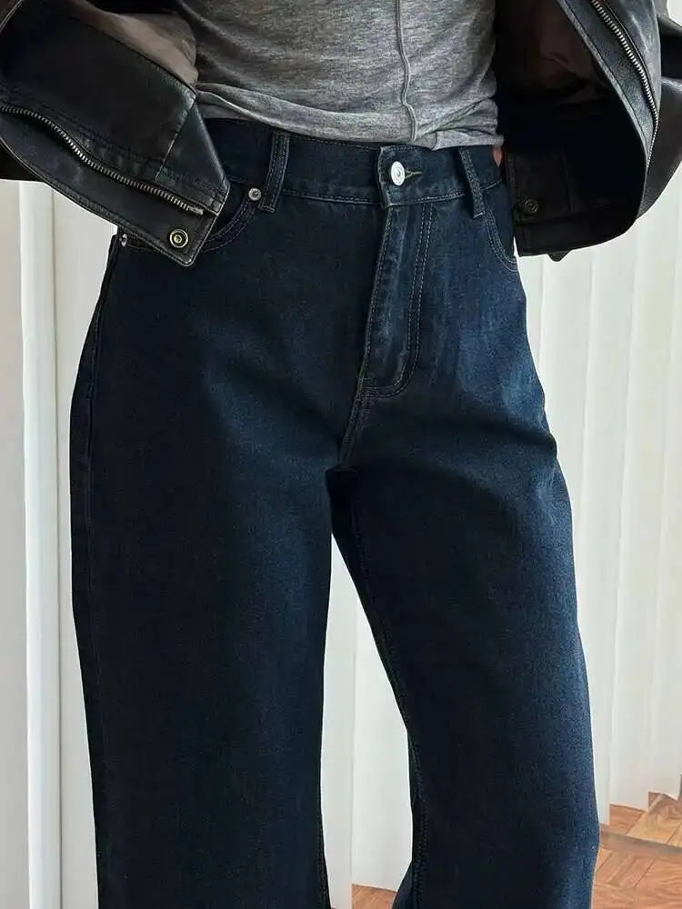 [LANMREM] Office Lady Jeans For Women High Waist Straight Dark Blue Fit Denim Pants Fashion Trousers 2025 Autumn New 26C859