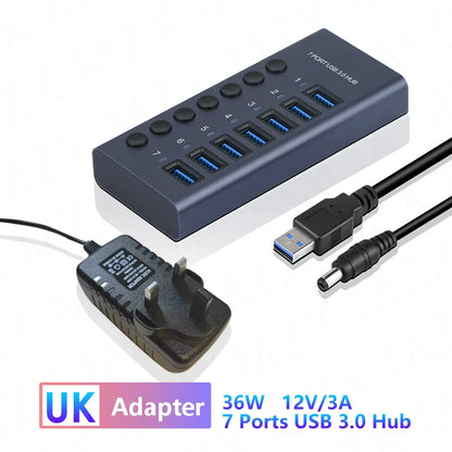 10 7 4 Port USB Hub 3.0 Aluminum A 3 0 Multi-hub Splitter Concentrator Multiple Extension Dock with Switch Adapter for PC Laptop