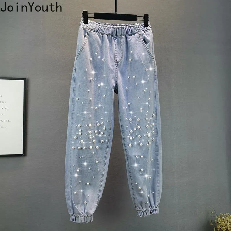 Korean Jeans Woman Streetwear Fashion Denim Harem Pants 2025 New Bottoms Elastic Waist Beading Casual Vintage Y2k Pantalon Femme