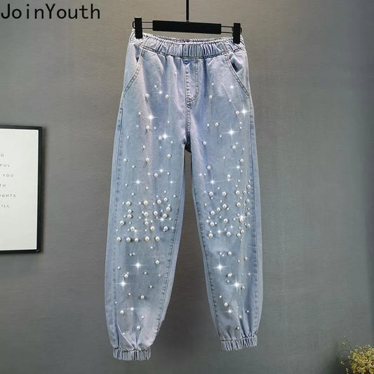Korean Jeans Woman Streetwear Fashion Denim Harem Pants 2025 New Bottoms Elastic Waist Beading Casual Vintage Y2k Pantalon Femme