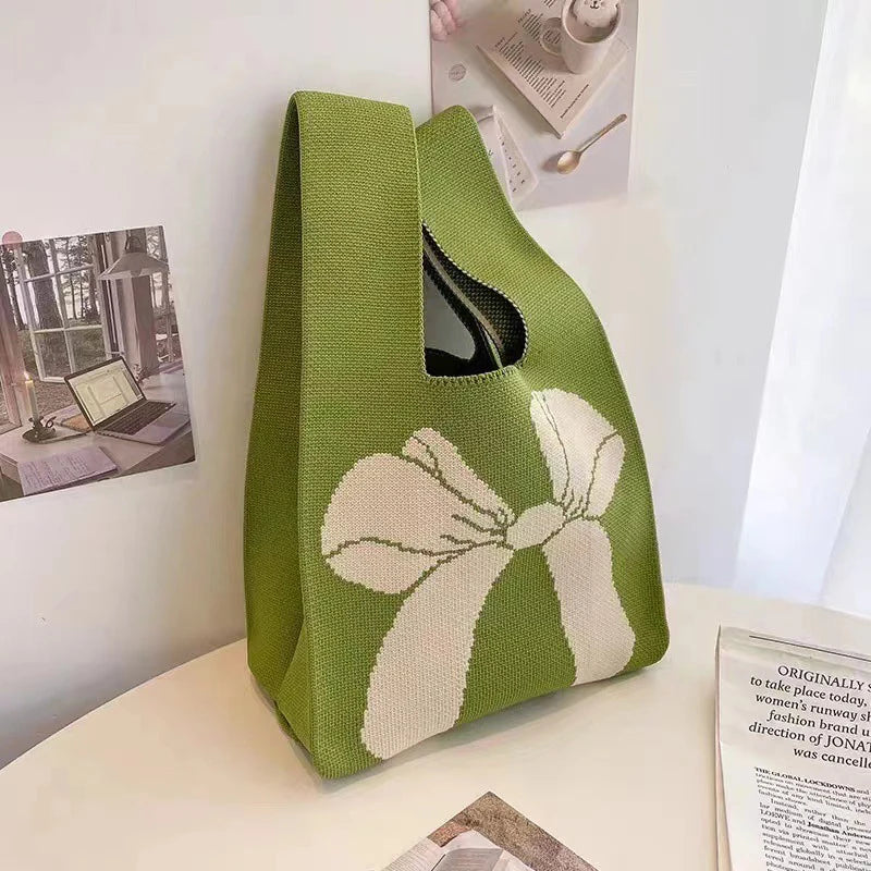 Fashion Handmade Knit Handbags Women Mini Knot Wrist Bag Korean Casual Tote Bag Reusable Shopping Bags
