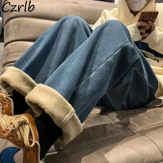 Loose Velvet Thick Jeans Women Warm Straight Causal Autumn Winter Students Preppy High Waist All-match Chic Ulzzang Streetwear