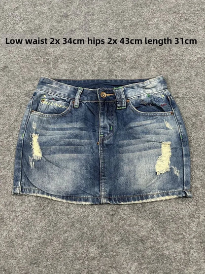 Sexy American Vintage Low Waist Denim  Skirt for Students Z4 Antiquing Y2K Trendy ort Skirt with Handmade Ripped And Fo...