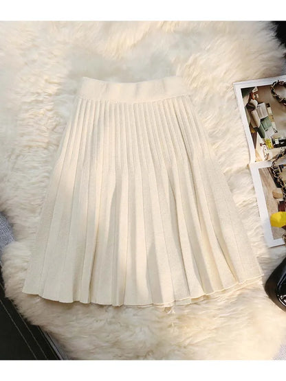 Autumn Winter Knitted Pleated Skirts Women's Elastic High Waist A-Line Umbrella Skirts Casual Sexy Slim Short Mini Skirts