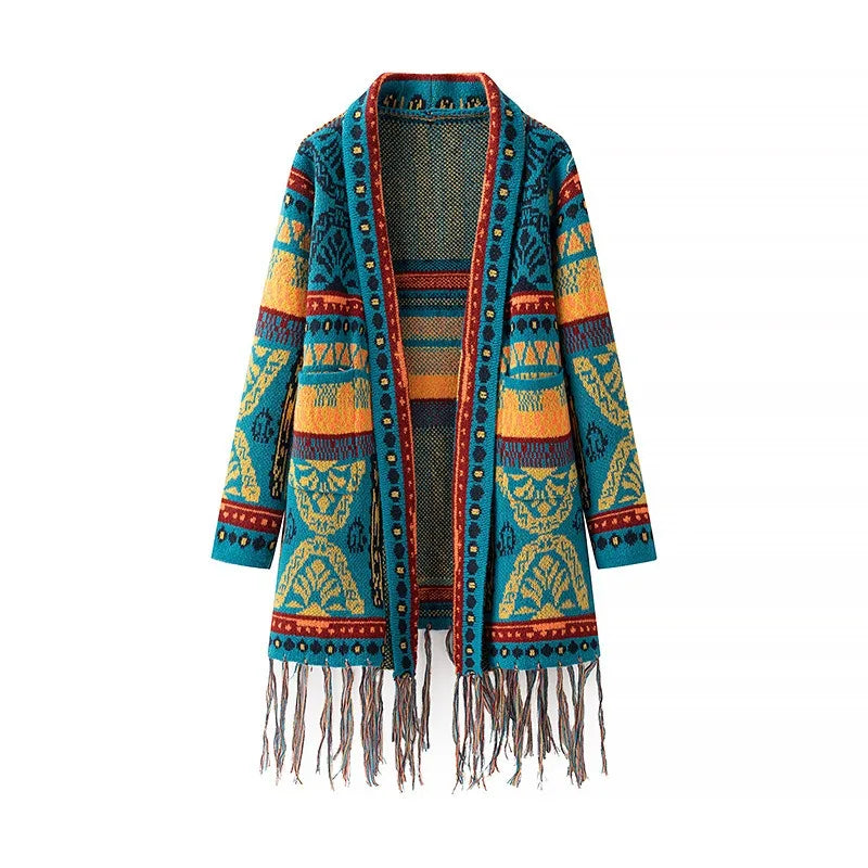 2025 Striped Tassel Knitted kimono Cardigan Spring WeHello New Style Ethnic Style Mid Length Cardigan Shawl