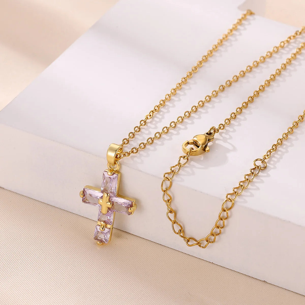 Lucky Cross CZ Cubic Zircon Necklace For Women Gold Color Stainless Steel Waterproof And Tarnish Resistant Jewelry Ramadan Gift