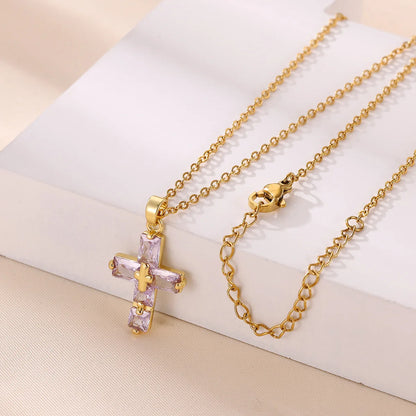 Lucky Cross CZ Cubic Zircon Necklace For Women Gold Color Stainless Steel Waterproof And Tarnish Resistant Jewelry Ramadan Gift