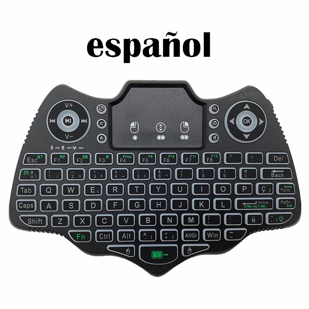 MRSVI V18 Mini-Funktastatur 2,4 GHz BT Touch 7-farbige Hintergrundbeleuchtung Französisch Spanisch Russisch Air Mouse Tastatur Geschenk für Android TV Box
