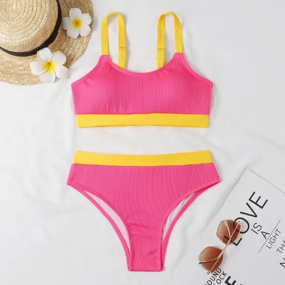 Custom LOGO women's clothing new special fabric threaded pit strip bikini color matching split swimsuit explosion