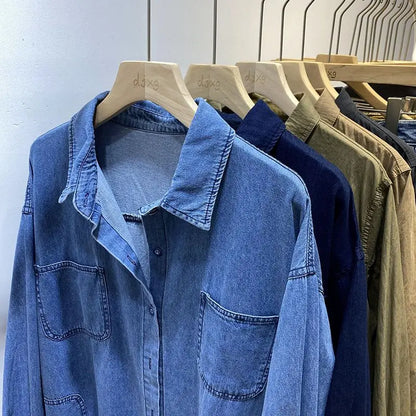Polo Collar Mid-length Denim Jacket for Women Spring and Autumn Loose Shirt Long Sleeve Top