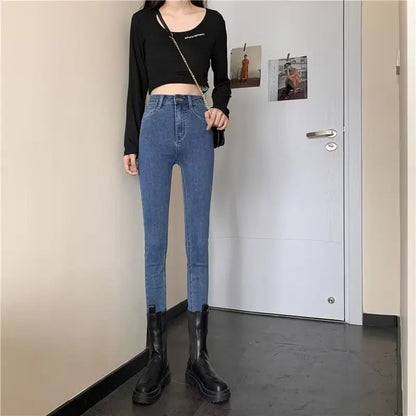 Thiened Fce High Waist Women's Jeans Elastic Stretchy Long Pants Winter Wear High Waist Cotton Stretch Denim Trousers