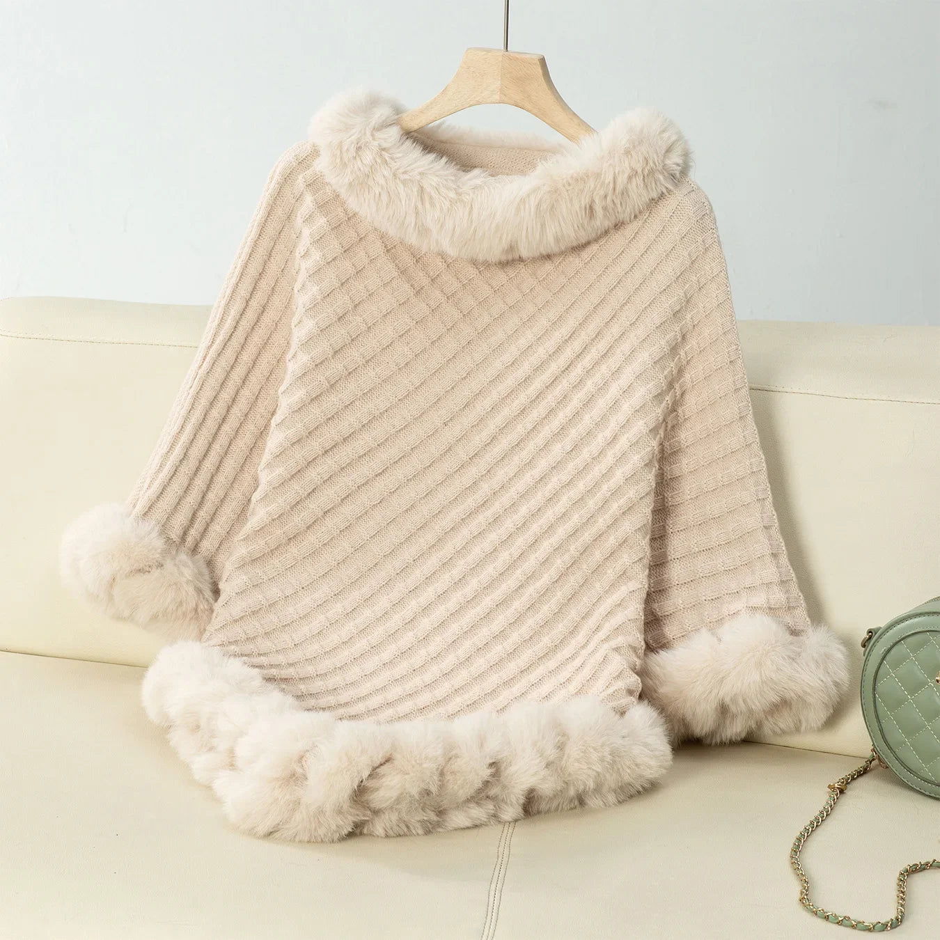 Knitted Cloak Sweater Women Shawl Outwear Warm Hairball Knit Casual Loose Plaid Poncho Cape Coat Spliced Solid Elegant
