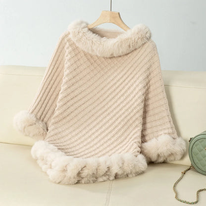 Knitted Cloak Sweater Women Shawl Outwear Warm Hairball Knit Casual Loose Plaid Poncho Cape Coat Spliced Solid Elegant
