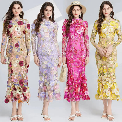 Designer Summer Autumn Flower Embroidery Lace Prom Evening Dress Women Mesh Tulle Bodycon Pencil Long Sleeve Midi Dresses Party