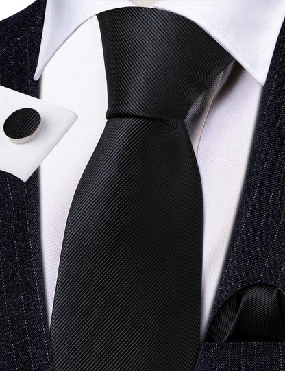 Black Men Necktie High Quality Solid Silk Woven Tie New Male Handkerchief Cufflinks Sets Business Party Formal Barry.Wang 6476
