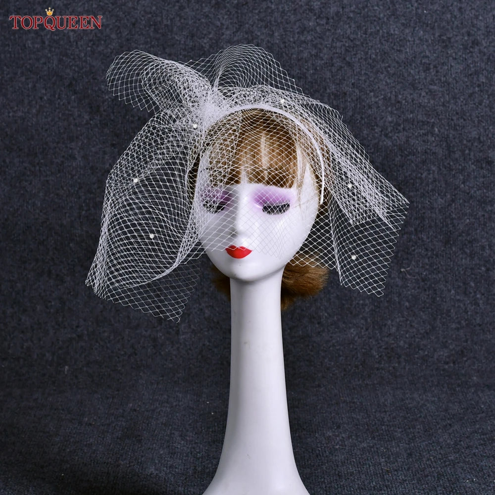 TOPQUEEN VA12 Wedding Birdcage Veil Bridal Blusher Veil White Headband Veil for Bridal Fascinators Black Face Net Mask Bachelore