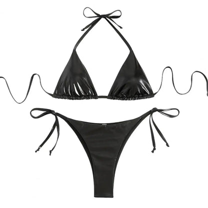 Solid Color Halter Neck Strap Thong Women Swimsuit Two Pieces Bikini Set Bronzing Surface Lace-up Briefs Beach Swimwear Swimsuit