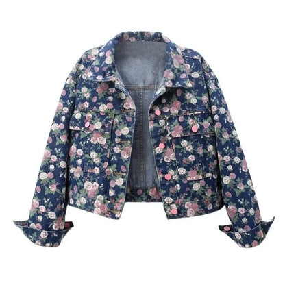 Ladies Spring And Autumn New Retro Fashion Joker Floral Print Long Sleeve Denim Jacket Short Loose Jacket Button Lapel Jacket
