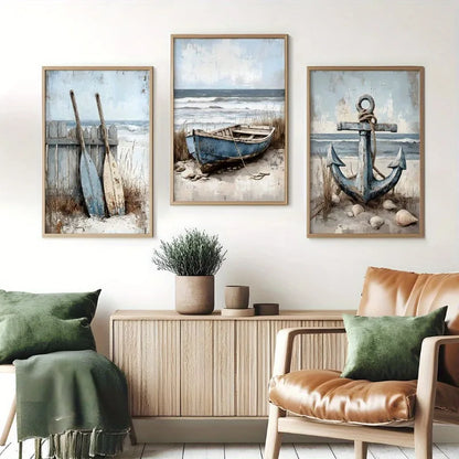 3pcs Set Canvas Wall Art Prints Nautical Beach Decor,Frameless Ocean Themed Paintings for Living Room,Bedroom, Bathroom, Office