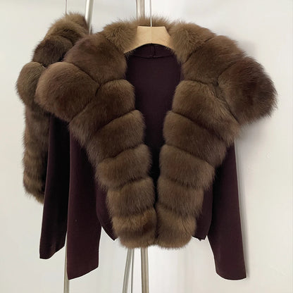 Elegant Knitted Cardigan Women's Sweater Knitting Jacket with Fur and cuffs Knitted Women's Long Sleeve Top Short Sweater