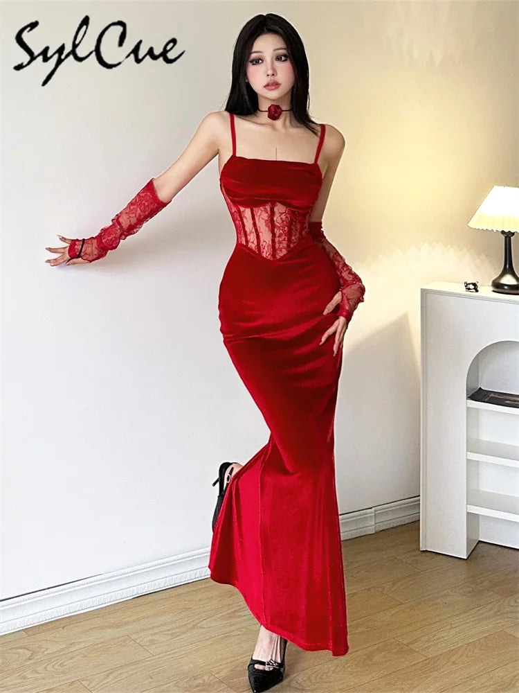 Sylcue Winter Sisters Party Formal Elegant Mature Sexy Beautiful Dirty Women'S Long Lace Fishbone Sling Dress With Sleeve