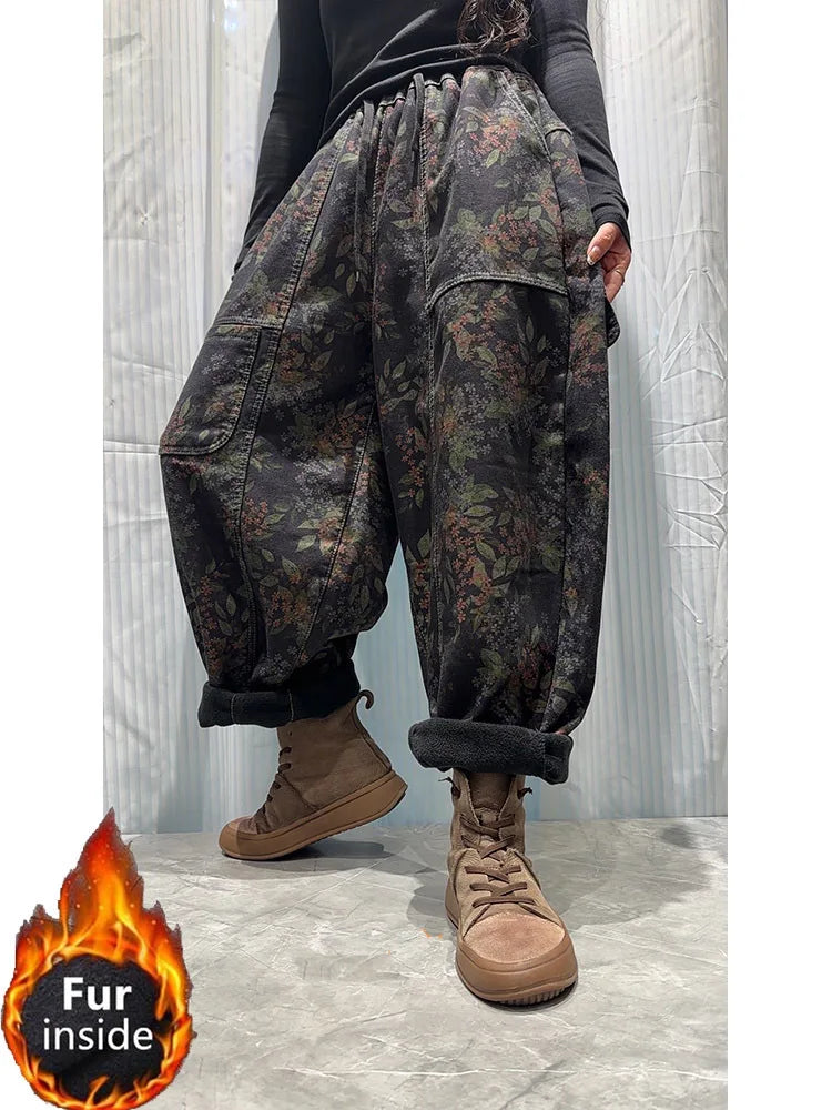 Amax LuluE Winter Casual Vintage Floral Jeans Womens Fashion Fur Denim Pants Ladies Classic Printed Warm Thicken Harem Trousers
