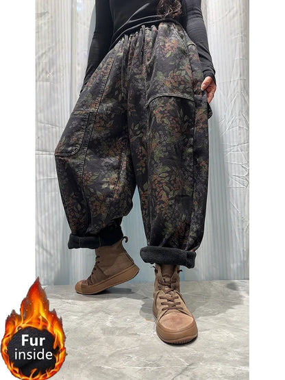 Amax LuluE Winter Casual Vintage Floral Jeans Womens Fashion Fur Denim Pants Ladies Classic Printed Warm Thicken Harem Trousers