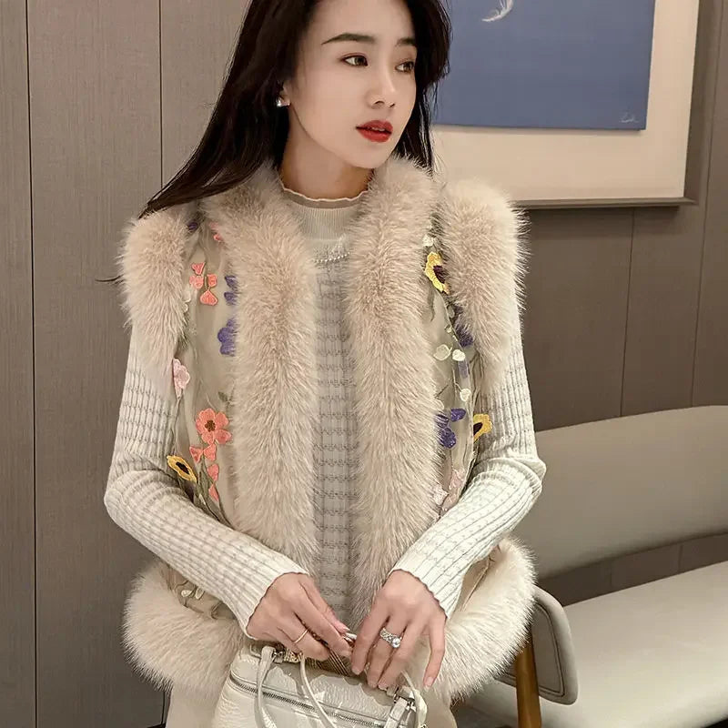 Woman vest autumn winter slimming Waistcoat Hairy Edge vest Floral embroidered shoulders Thickened vest Parkas Cardigan Tops