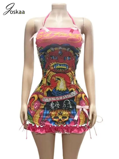 Joskaa 2025 Summer Women's Sexy Print Halter Wrap Chest Backless Side Hollow Bandage Body-Shaping Mini Dress Holiday Beachwear