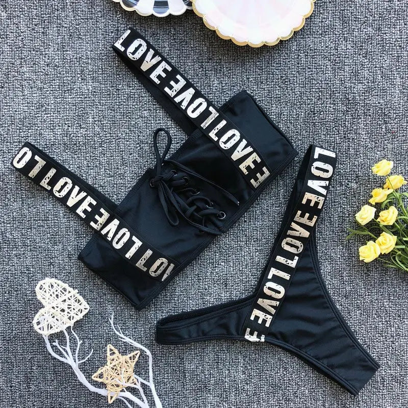 Sexy Red Bikini Set 2025 New Women Letter lace up Bandage Low Waist Swimwear Padded Push Up Swimsuit Beach Bathing Suit Swimming