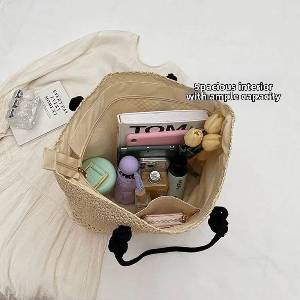 Handmade Straw Woven Bags Large Capacity Zipper Closure Shopping Tote Bag Top-Handle Portable Beach Handbags Travel