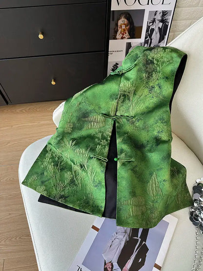 2025 Retro Chinese Literature Green Jacquard Vest Classical Chic Versatile Waistcoat Female Sleeveless Singlet Tops