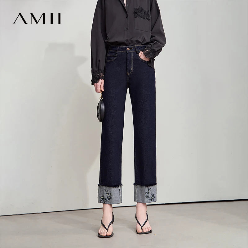 AMII Jeans Pants Women 2025 Autumn New Elegant Ladies Clothes Casual Loose Straight Embroidery Women's Denim Pants 12543032