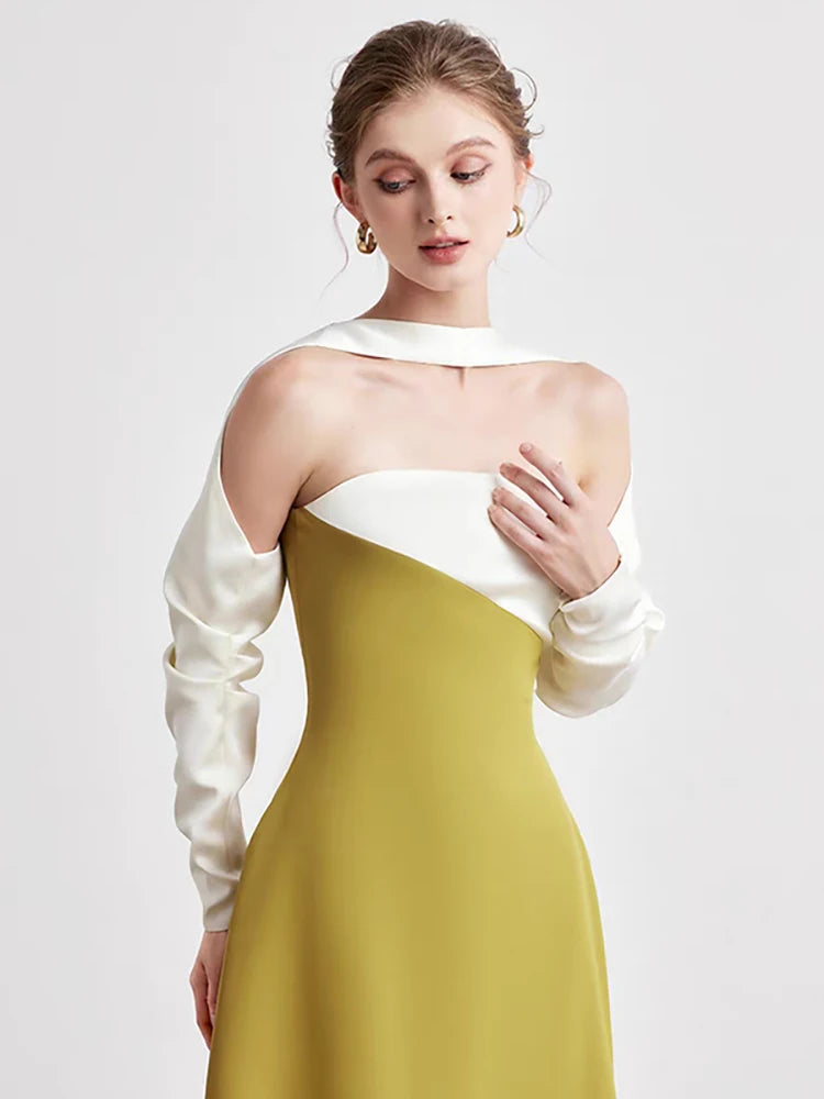 DEAT Elegant Dress Strapless Off Shoulder Contrast Color Asymmetric Women's Party Halter Dress 2026 Spring New Fashion 13DB4516
