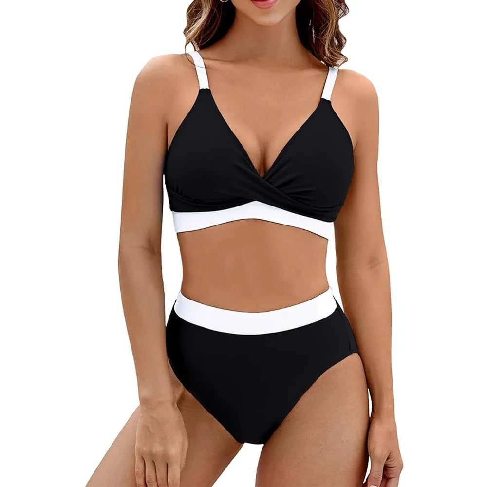 New Sexy High Waist Bikini 2025 Cross Backless Women Swimsuit Solid Tight Beachwear Bikini Set Seaside Sling Pool Swimwear