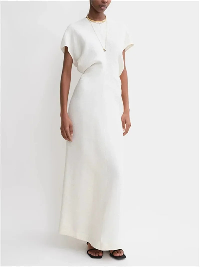 Women's Minimalist Mid-Calf Dress Round Neck Summer Ladies Zipper Draping Pleated Elegant Robe