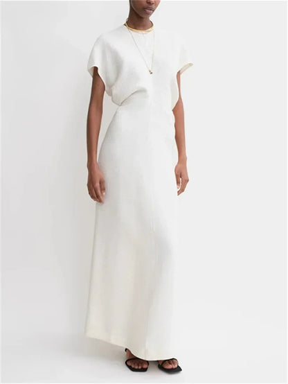 Women's Minimalist Mid-Calf Dress Round Neck Summer Ladies Zipper Draping Pleated Elegant Robe