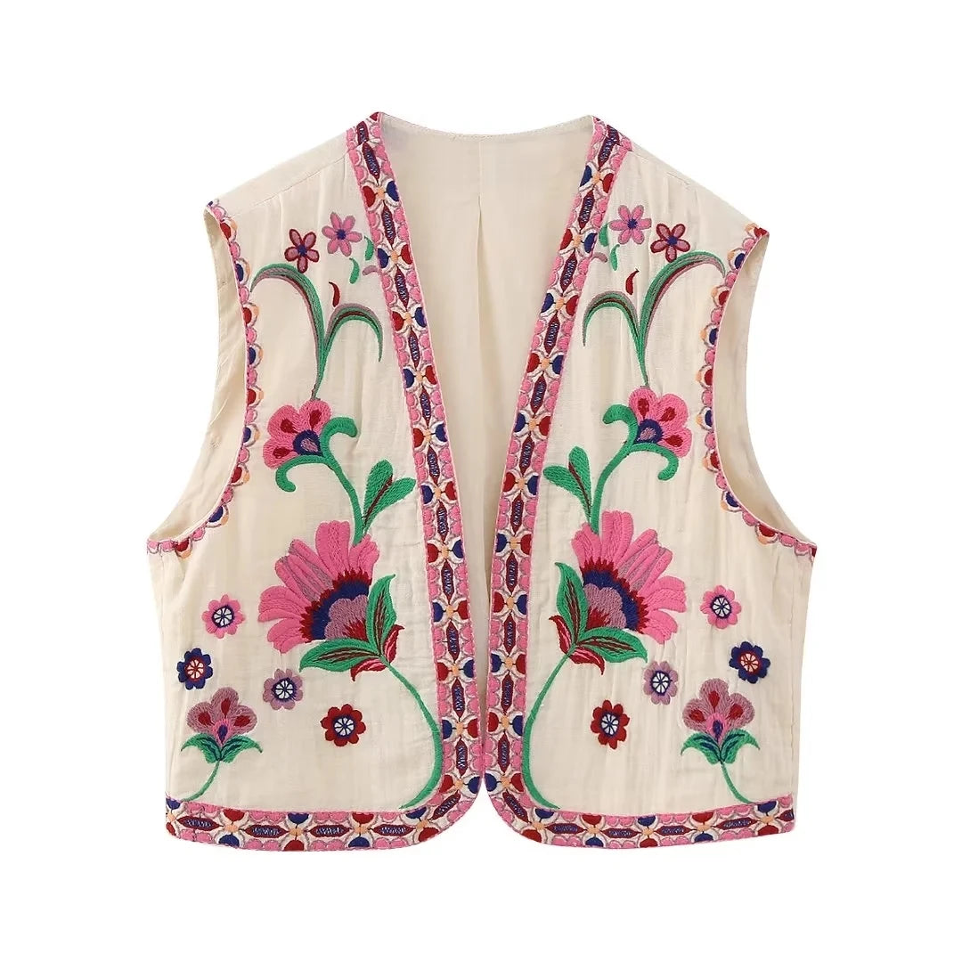 Women's Vintage Floral Embroidered Open Waist Coat Casual Vacation Crop Top National Style Vest Jacket for Ladies
