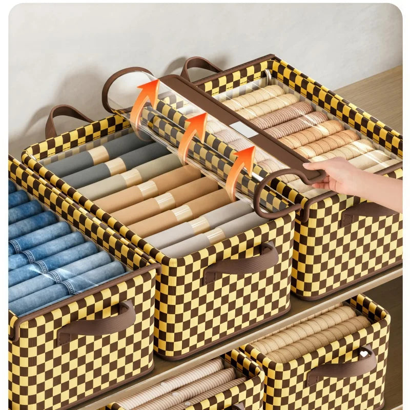 Checkered Fabric Clothing Storage Box - Galvanized Steel Frame - Breathable, Moisture-Proof, Foldable, Home Organizer - With Lid