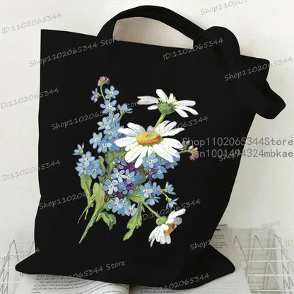 Fashion Canvas Tote Bag Oil Painting Wildflowers Print Lady Shoulder Shopping Bag Plant Style Daisy Vintage Flower Women Handbag