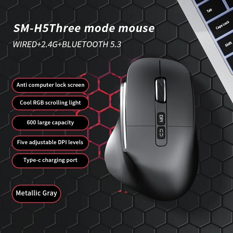 Lenovo 3 Mode Wireless Mouse Bluetooth 5.3+2.4G+Wired Ergonomic RGB Gaming Mouse with Macro Keys Rechargeable for Office Gaming