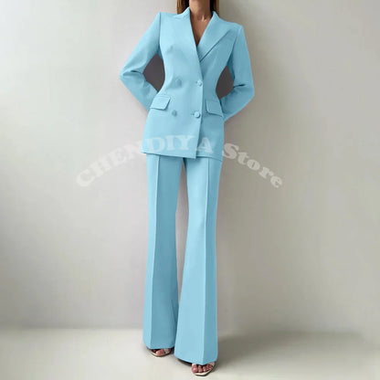 Women Suits Sets 2 Piece Elegant Peak Lapel Double Breasted Outfits Fashion Daily Casual Chic Female Suit (Jacket+Pants)