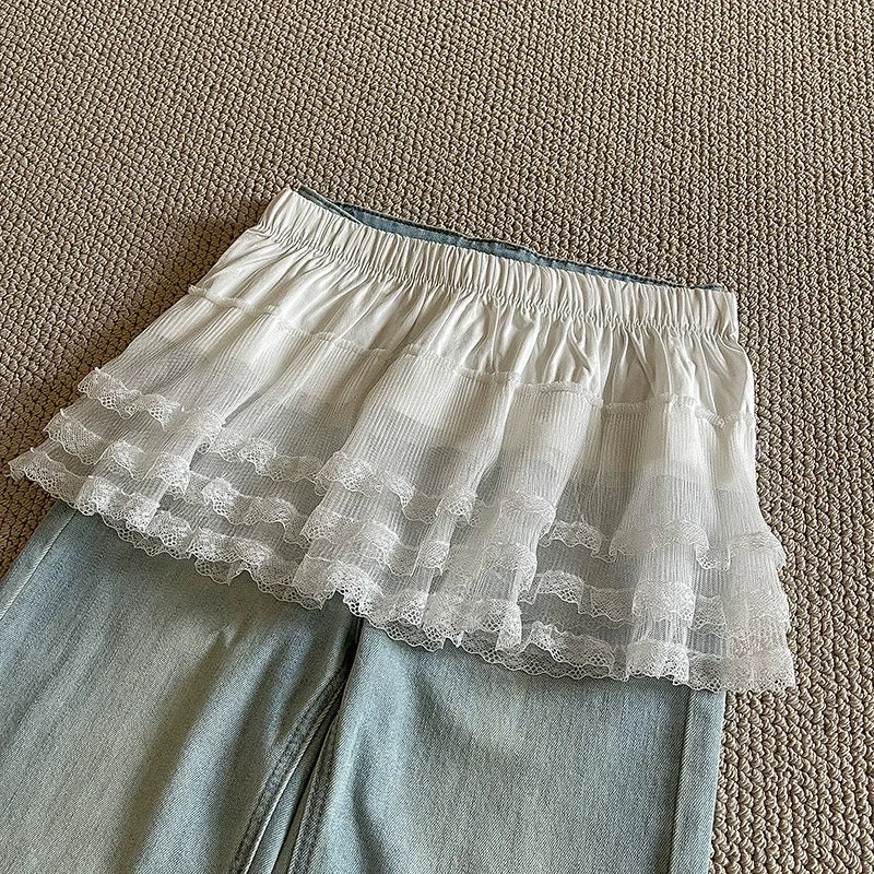 Women High Waist A-Line Flounce Short Skirt Butt Curtain Y2K Streetwear Layered Half Skirt Lace Trim Bottom Cover Skirt Fake Hem