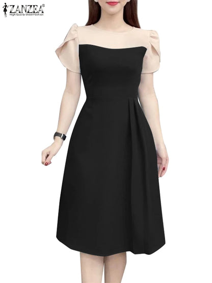 ZANZEA Elegant Women Waist Dress 2024 Summer Patchwork Round Neck Vestidos Fashion Petal Short Sleeves Dress Vintage Office Robe